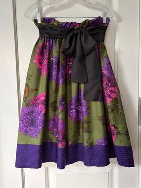 100% Silk Floral Full Skirt, Olive Green, Purple & Fuchsia, S/M